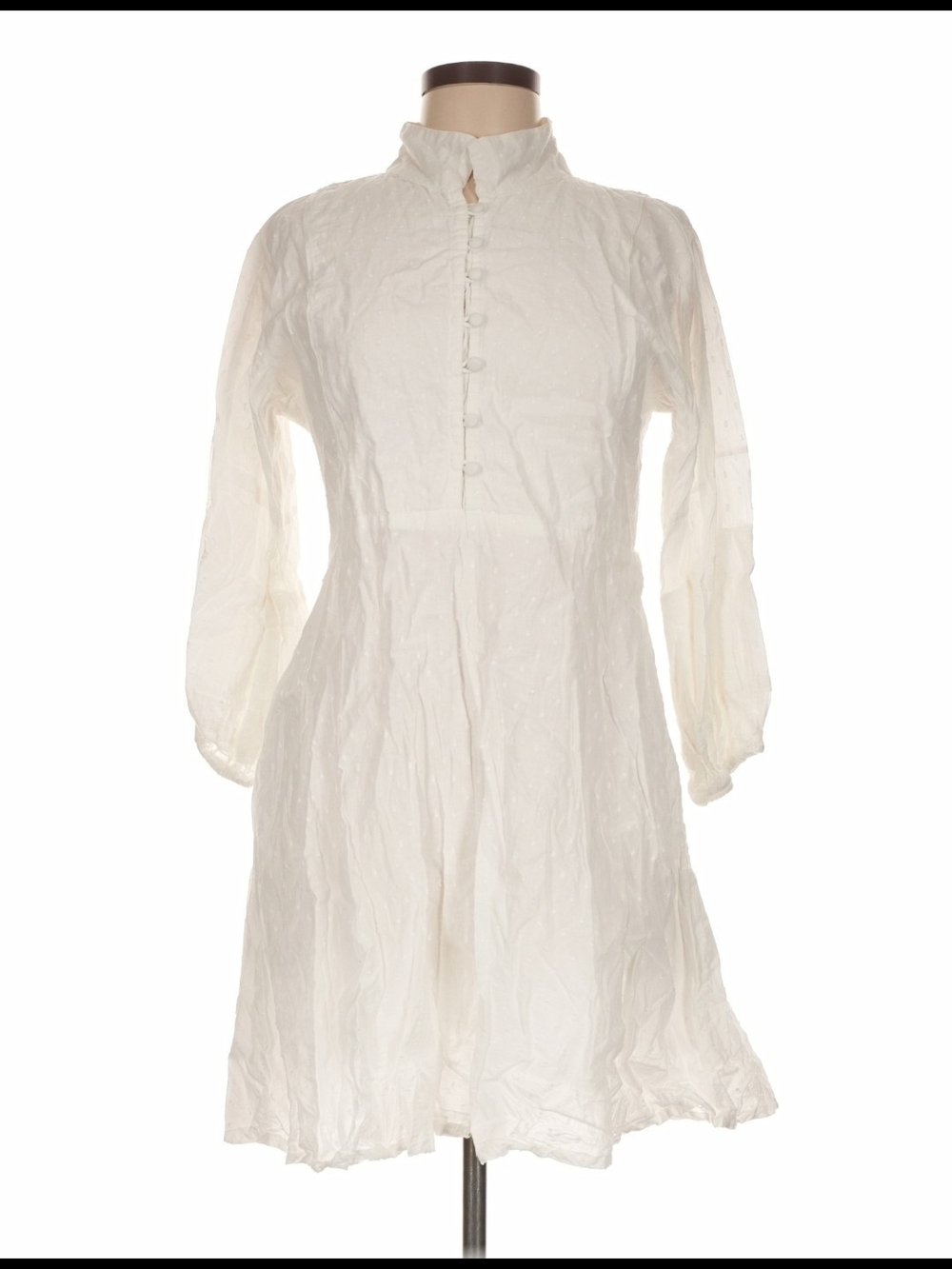 White Mini Dress with Mandarin Collar Swiss Dot
